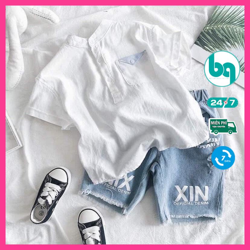 Set sơ mi cho bé, áo thun bé trai phong cách Hàn Quốc quần jean co giãn mềm mịn BAOQUAN -Cam kết đẹp