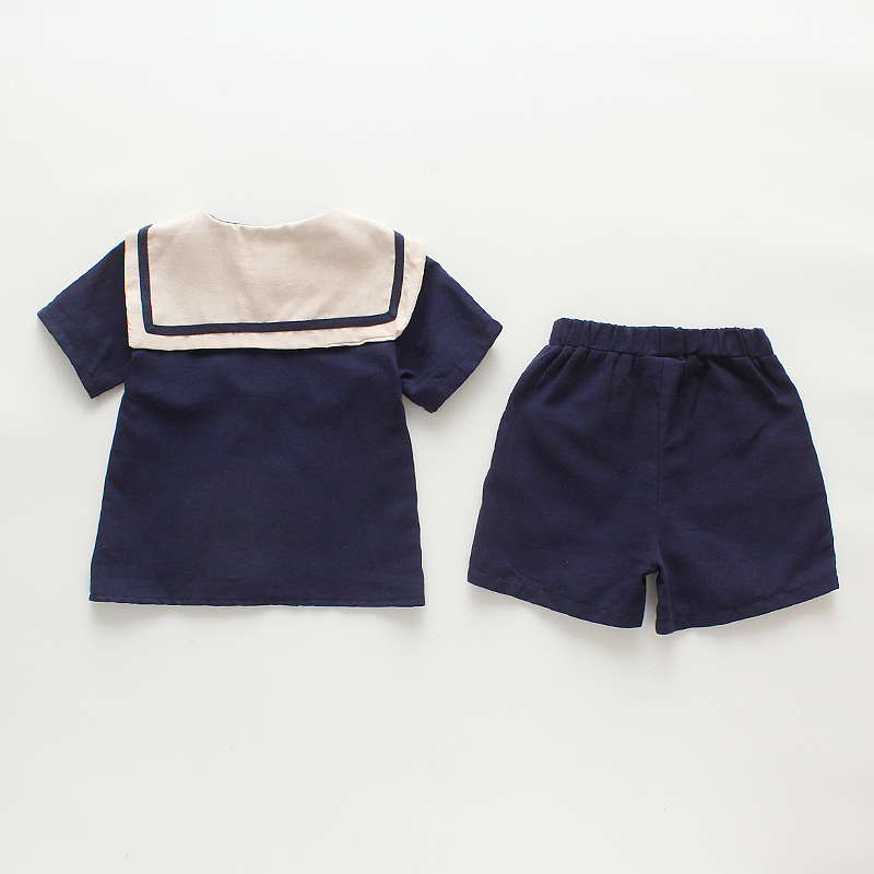Set áo thun tay ngắn cổ hải quân + quần Short phong cách Hàn Quốc cho bé gái