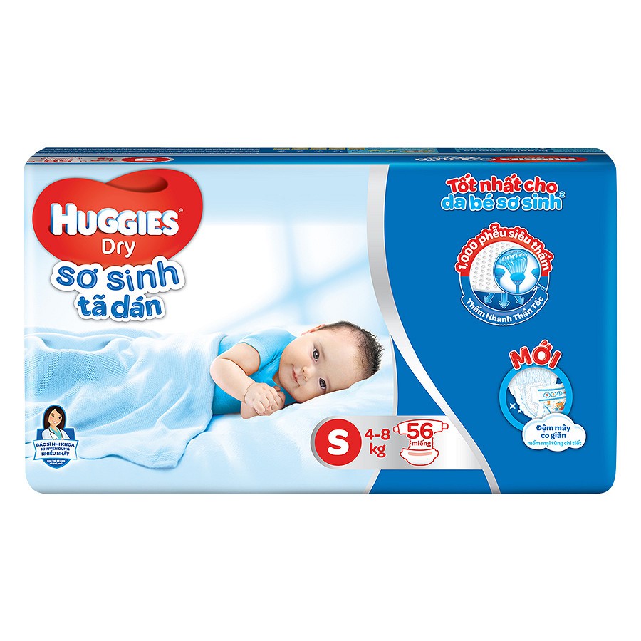 Tã Dán Sơ Sinh Huggies Dry Newborn S56 (56 Miếng) Kẹp 1g Khăn ướt trị giá 28k