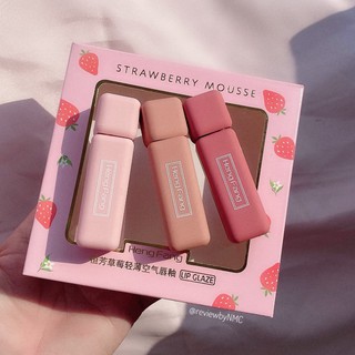 Set son kem 3 cây Hengfang Strawberry Mousse, Set son kem lì Hengfang, Set son kem dâu thiết kế siêu cute với những tone