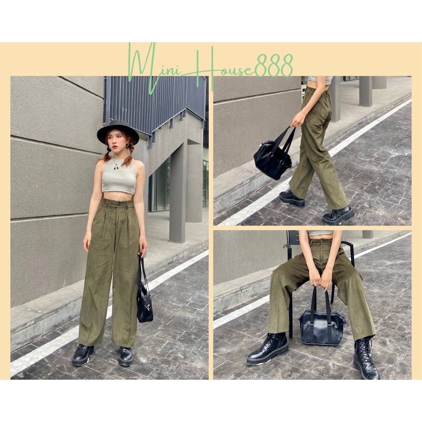 (Ảnh Thật , Sẵn ) Quần Nhung Ống Suông Màu Rêu Phối Áo Croptop Không Tay Ba lỗ Minihouse888