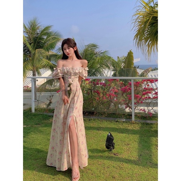 Đầm maxi hoa nhí màu be đi biển