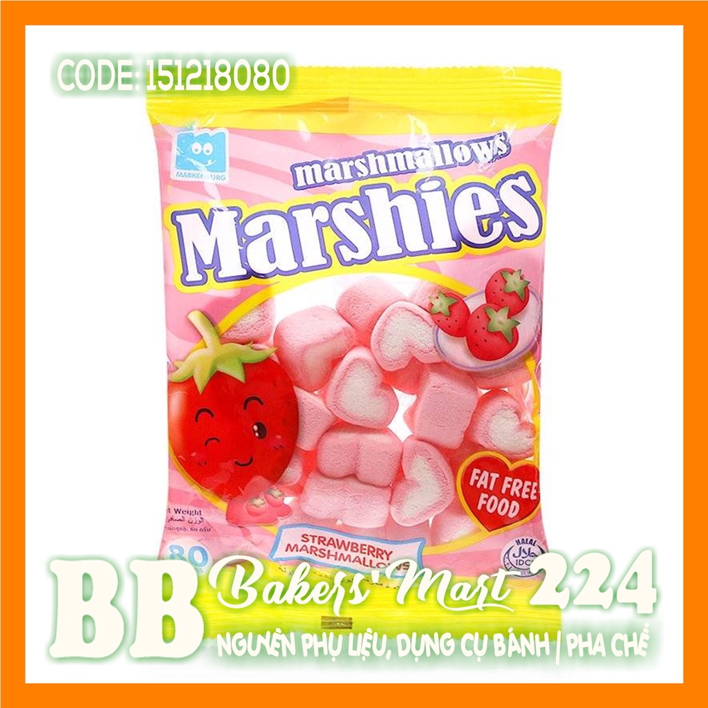 80GR - Kẹo xốp bông gòn hình TRÁI TIM hồng trắng Marshmallows MARSHIES vị DÂU - Gói 80GR