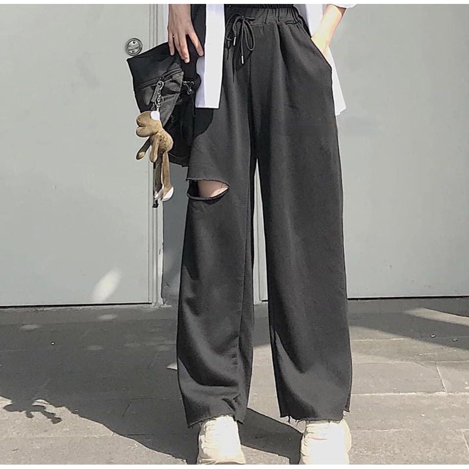 &lt; TẶNG GIẤY THƠM &gt; Quần Baggy suông rách gối - Vải Thun Hàn Quốc Chính Phẩm [ Form chuẩn UNISEX ]