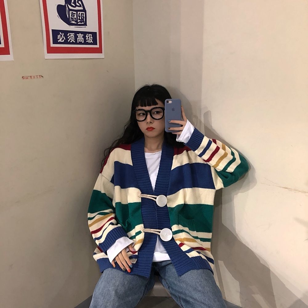 Áo khoác len cardigan dáng rộng họa tiết kẻ sọc ngang trẻ trung thời trang