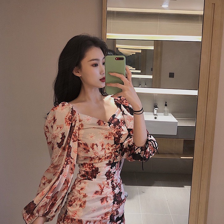 Đầm nữ hoa nhí nhúng tay dài dáng ôm Emilyshop