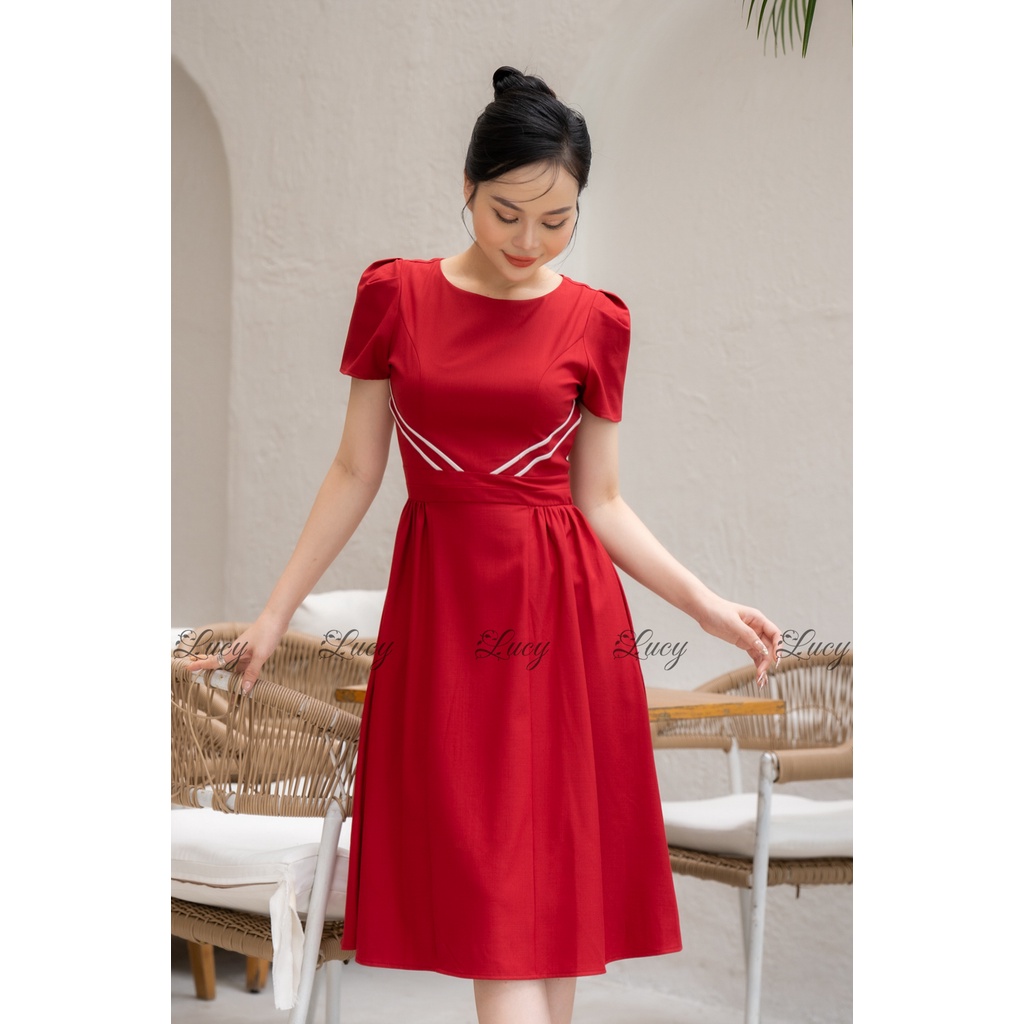 Đầm xoè Visa 6222 Linen trơn cổ tròn tay ngắn giá tốt váy Lucy