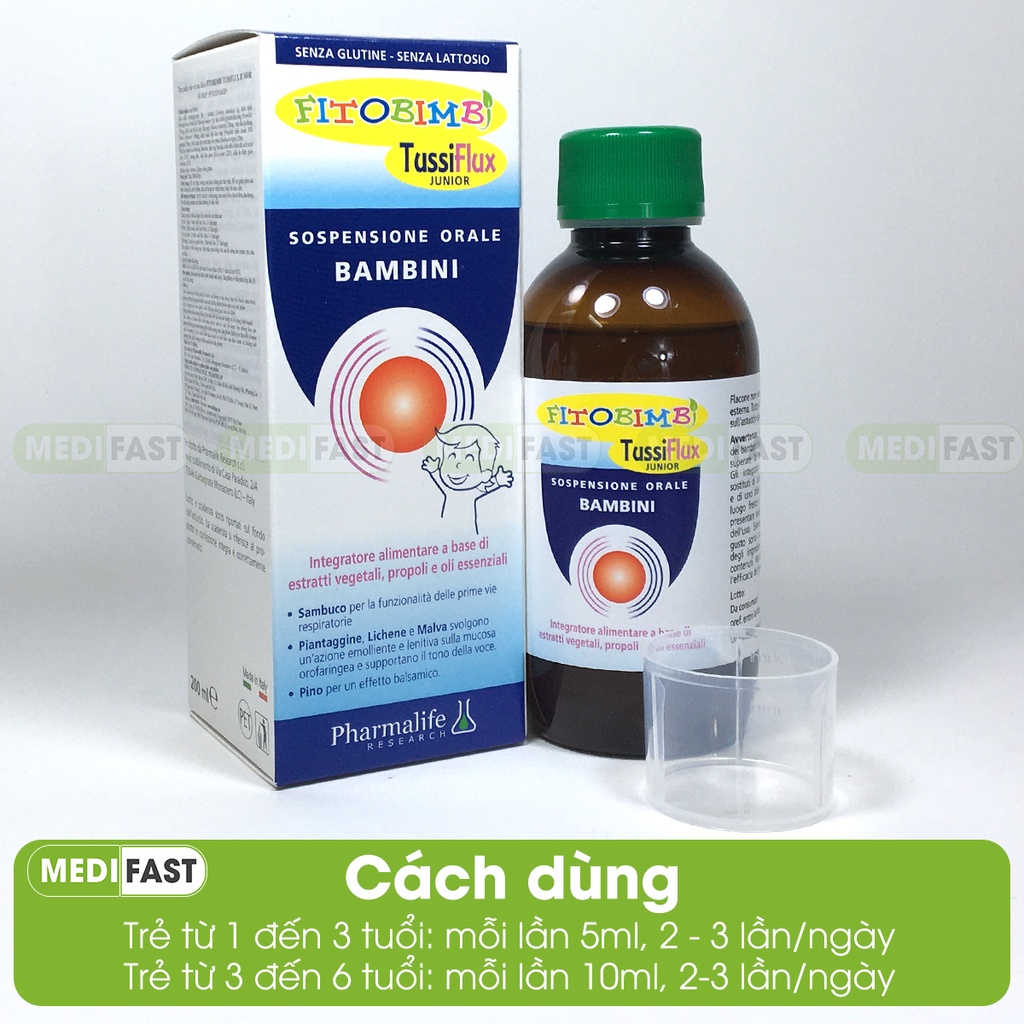 Siro giảm ho, đau họng, cảm cúm - Fitobimbi TussiFlux Junior  chai 200ml, siro Bimbi tăng sức đề kháng cho bé từ 1 tuổi