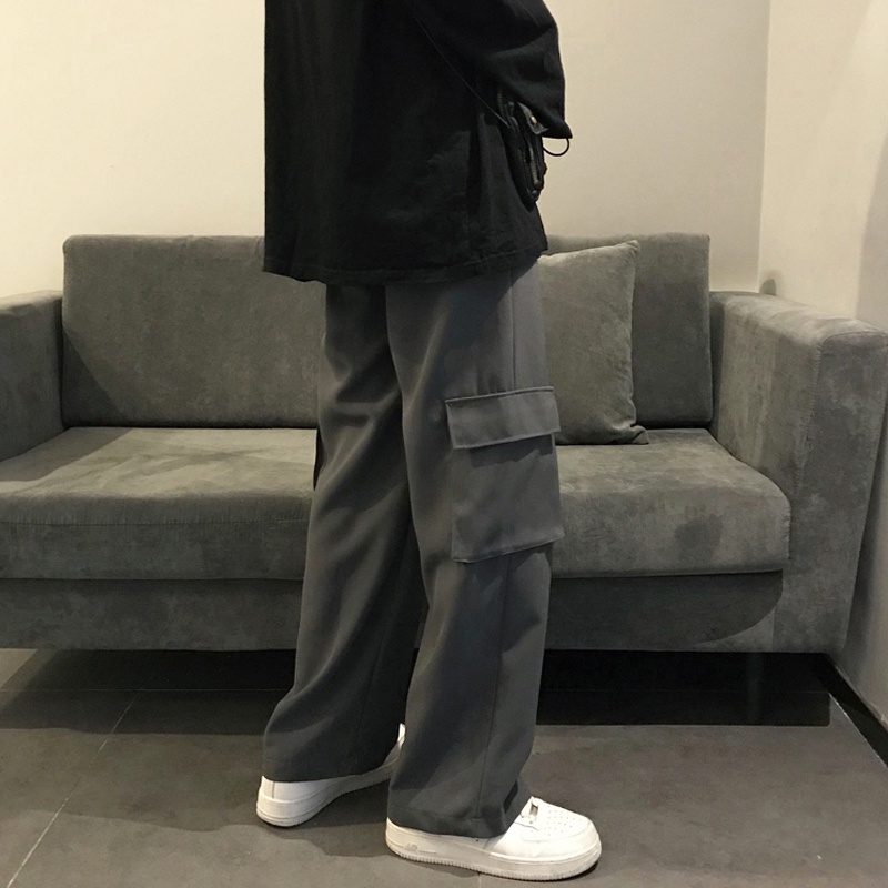 Quần dài kaki ống rộng phối túi phong cách Harajuku thời trang đường phố cho nam