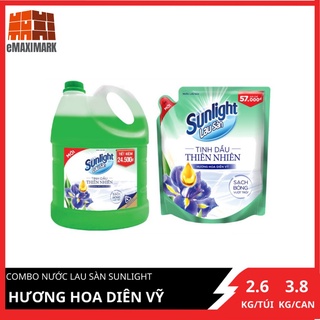 COMBO tiết kiệm nước lau sàn Sunlight Hương hoa diên vỹ Can 3.8kg và Túi đại 2.6kg