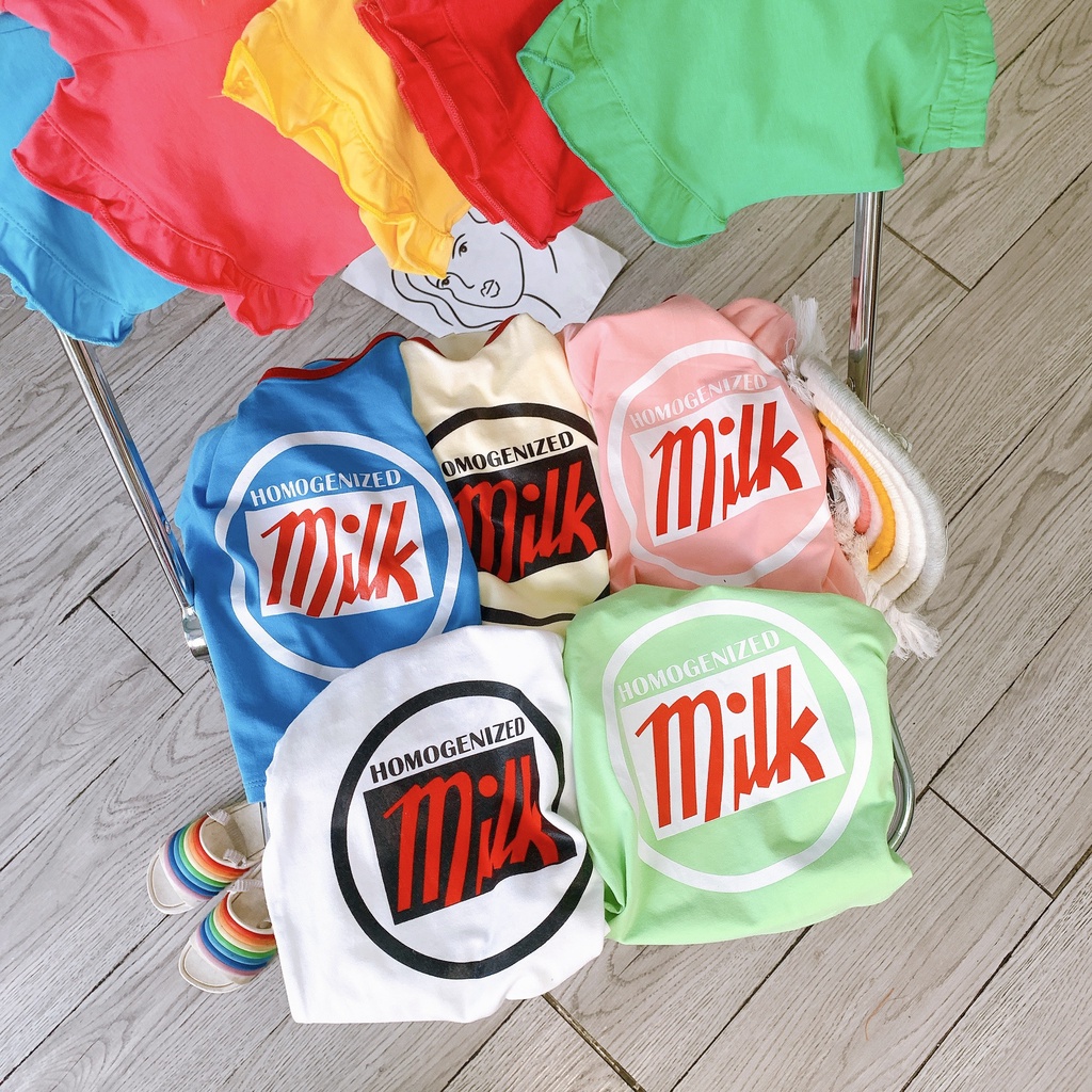 Bộ quần áo trẻ em cộc tay AF KID viền quần bèo in chữ Milk cao cấp cho bé vải cotton 4 chiều size 6-20kg