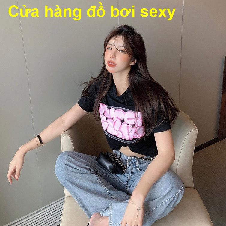 Áo phông in chữ cá nhân nữ mùa hè thuần túy phong cách sexy ngắn ôm sát màu trắng tay phía trên triều