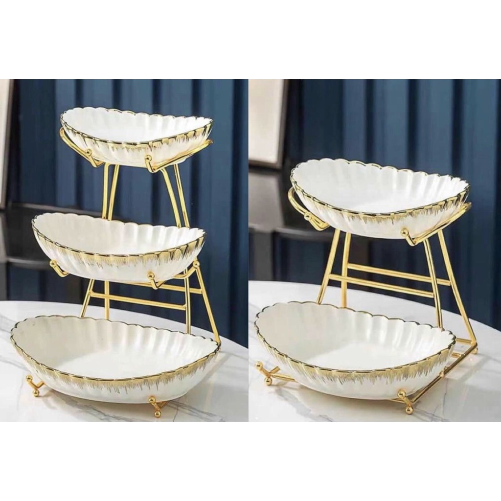 Khay đựng hoa quả bánh kẹo sứ trắng múi viền vàng 2 tầng, 3 tầng khung kim loại mạ vàng