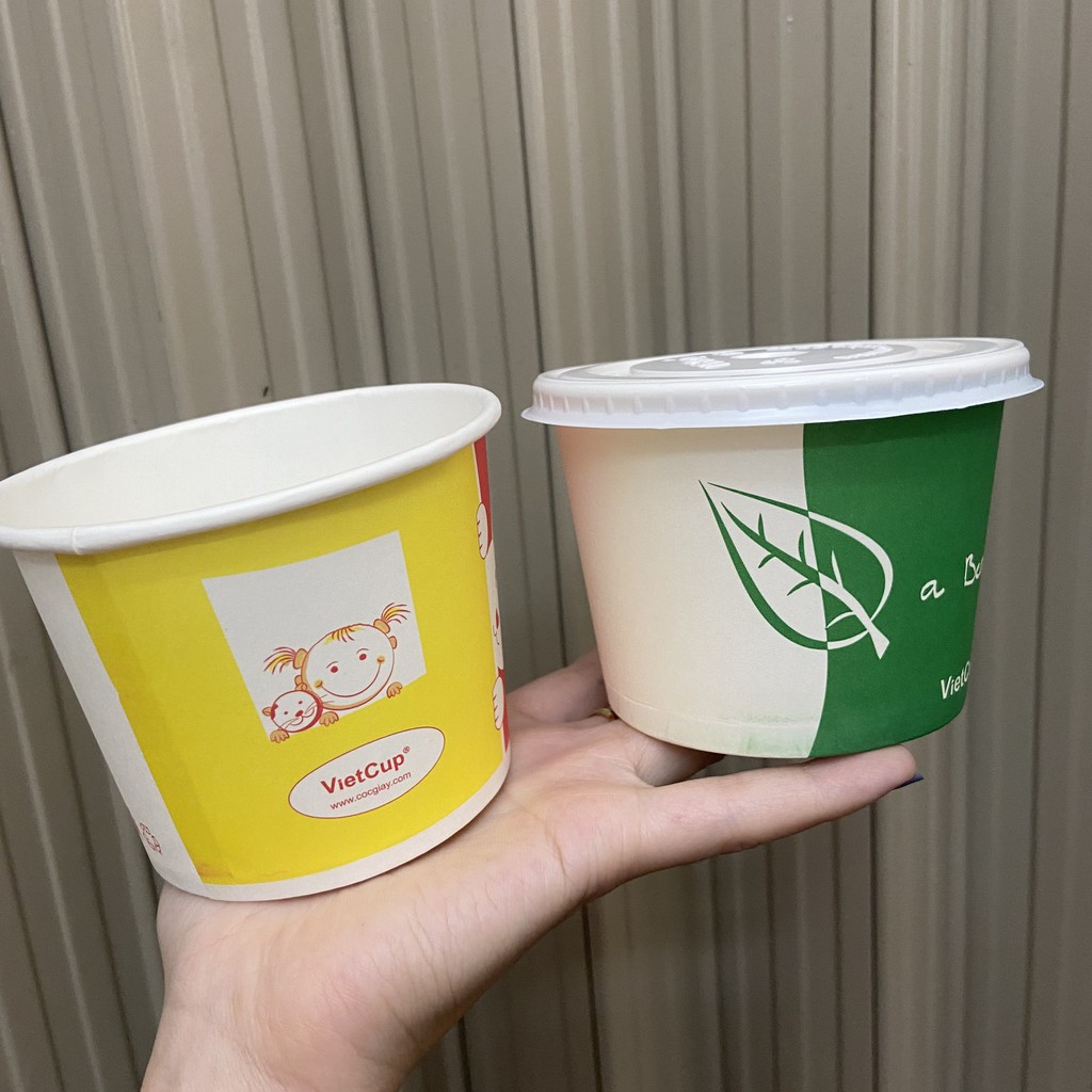 100 cốc giấy 12oz ~ 360ml bát có nắp đựng canh cơm cháo ly giấy đựng kem 350ml có nắp LB12 Vietcup - Paper cup Hộp giấy