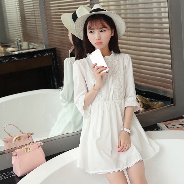 Đầm váy babydoll trắng tay nơ (kèm hình thật)