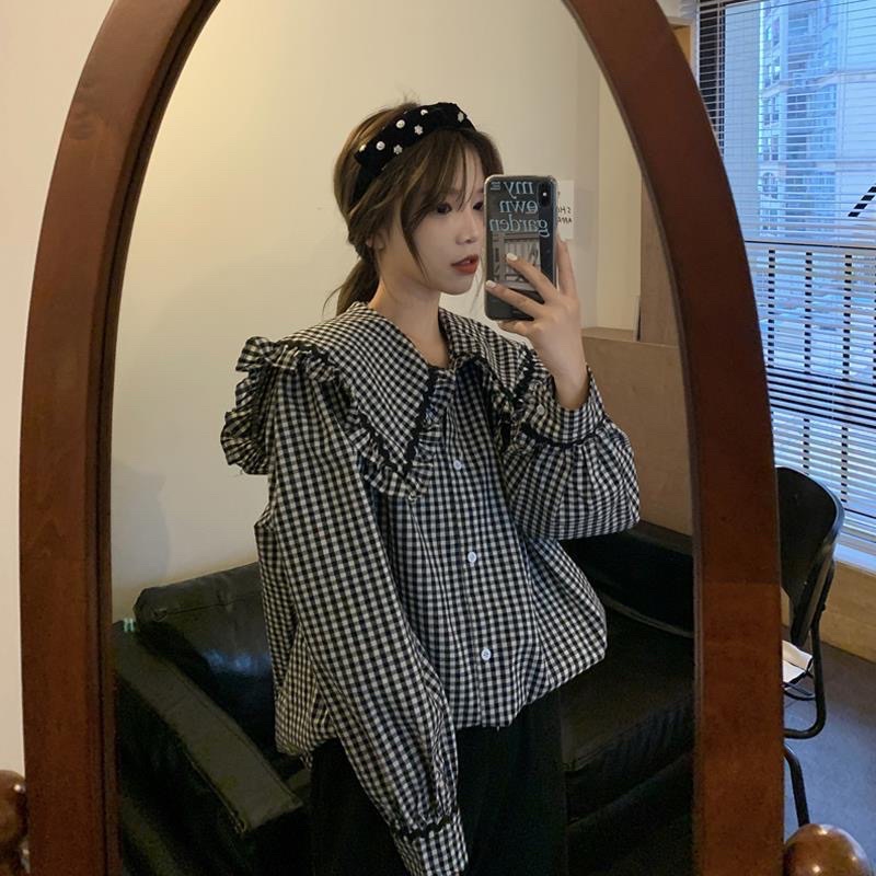 Áo sơmi nữ cổ bèo form rộng - Áo sơ mi nữ babydoll dáng rộng viền caro, trắng siêu xinh. MET SHOP 1989