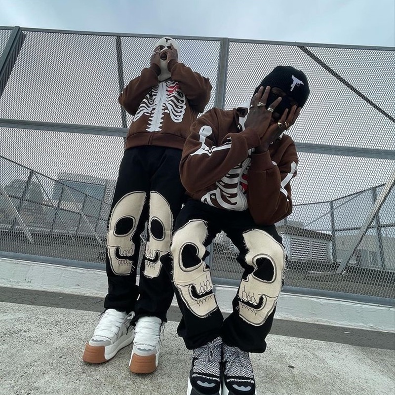 Áo Khoác Hoodie Khóa Kéo In Hình Bộ Xương Phong Cách Harajuku Punk Thời Trang Đường Phố Cho Nam