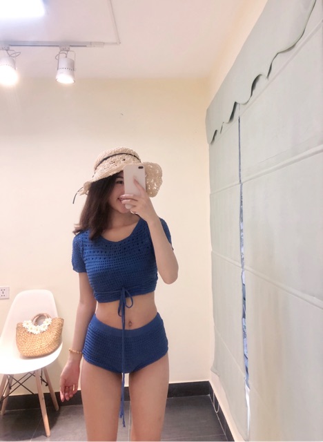 Bộ bikini , bộ đồ bơi nữ 2 mảnh áo croptop ngắn tay len móc