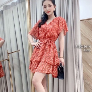 Jump hoa nhí giả váy 2 tầng cổ tim đắp tay bèo thắt nơ eo
