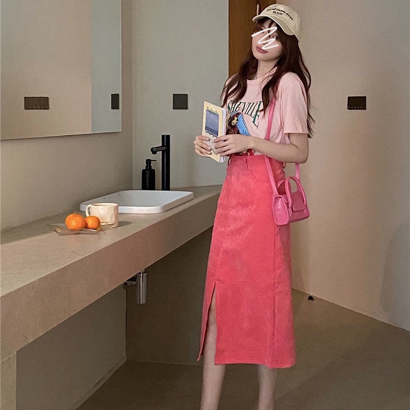 Chân Váy Ngắn Xẻ Tà Màu Hồng Phong Cách Hàn Quốc Hàng Mới