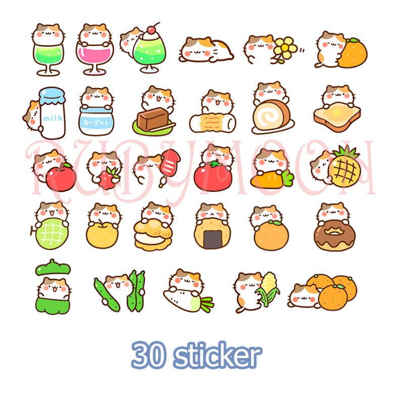 Bộ 30 Nhãn Dán Sticker Mèo Ham Ăn