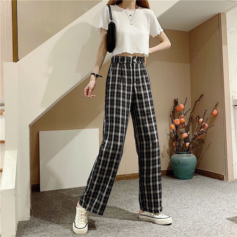 Spring and summer new plaid high waist drape loose and versatile straight-leg pants，cheap borong of Koreanfashion women's clothing readystock 210517