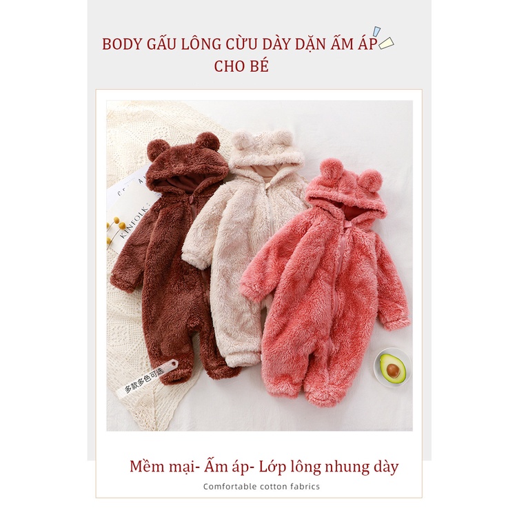 Bộ đồ liền thân body gấu lông cừu có nón mùa đông ấm áp dày dặn áo khoác kiểu dáng đáng yêu Hàn Quốc cho bé