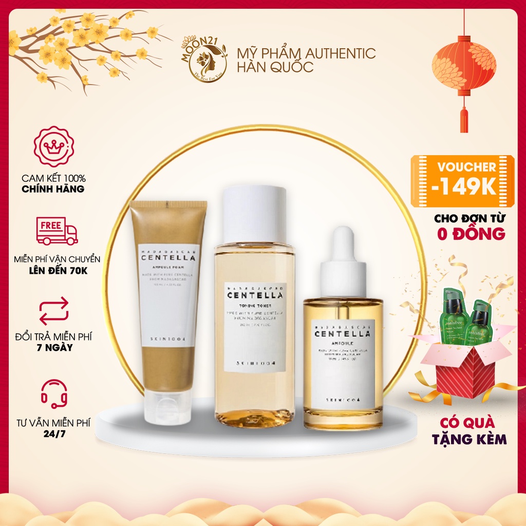 Bộ mỹ phẩm dưỡng da rau má cho da nhạy cảm Madagascar Skin1004 sữa rửa mặt - toner -serum rau má Auth Hàn Quốc