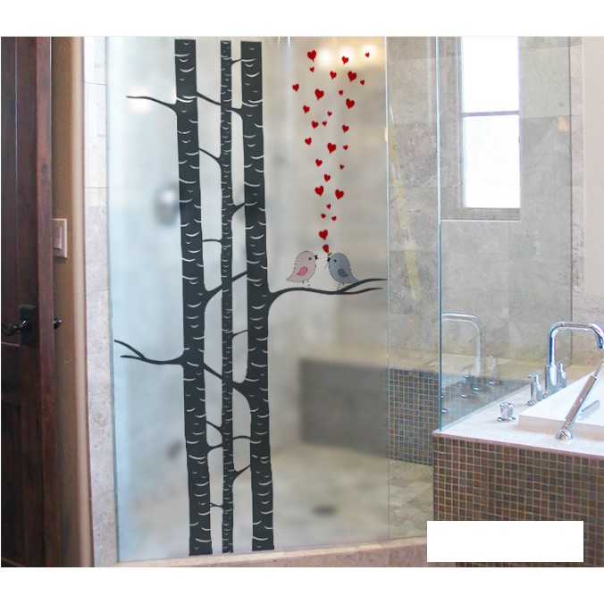 Decal Dán Kính Cao Cấp - Thân Cây và Đôi Chim Trái Tim Đỏ ( 60x116 )