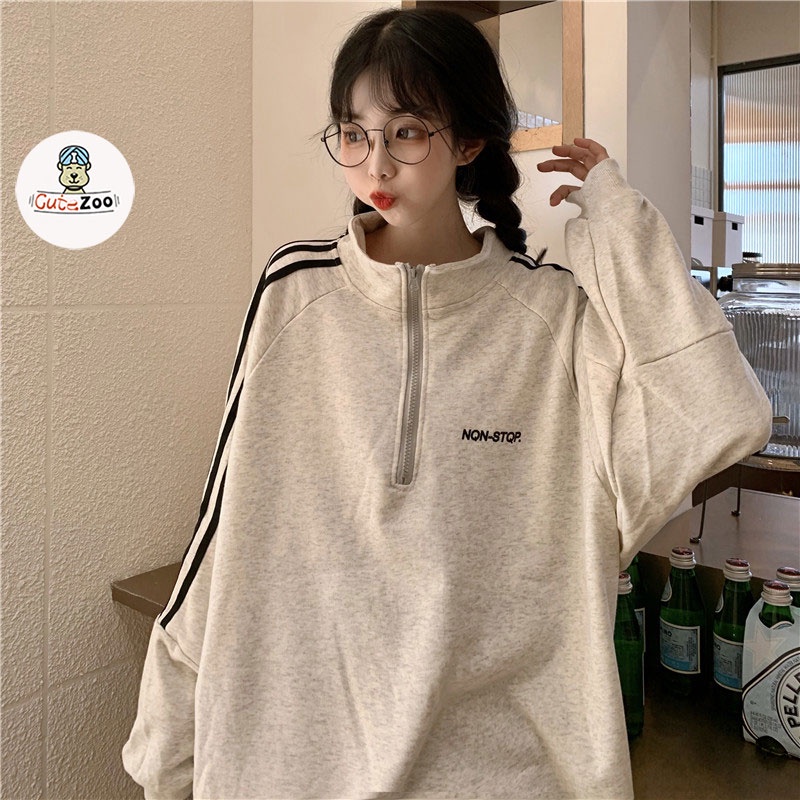 Áo Sweater NON-STOP chất nỉ Unisex Áo polo form rộng khóa kéo dài tay sọc viền Hàn Quốc - CUTE_ZOO