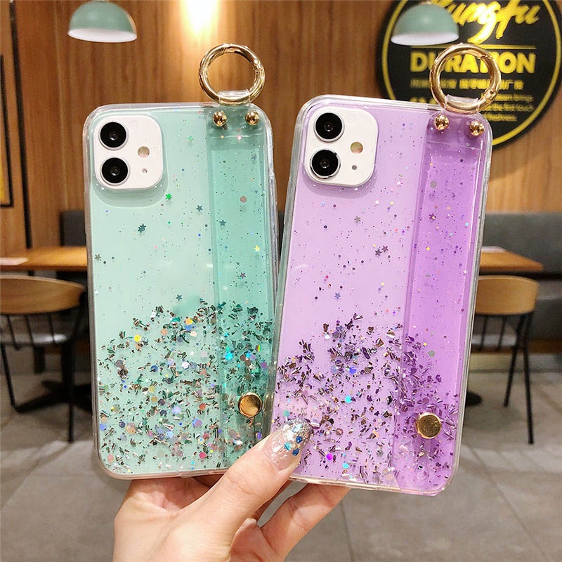 Ốp điện thoại TPU mềm trong suốt đính kim tuyến có dây xỏ cổ tay cho Samsung M51 Note 8 9 20 Ultra 10 Plus