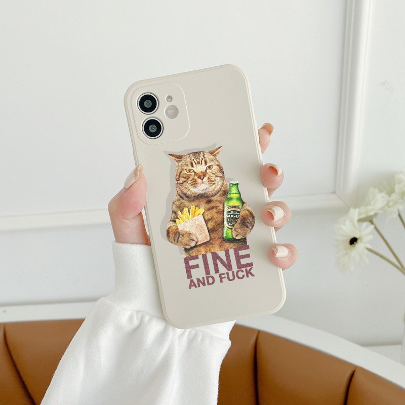 Ốp lưng iphone cạnh vuông mèo ôm bia dành cho ip 12promax xsmax 11 promax 7plus 8plus 6 plus x xr xs - E58
