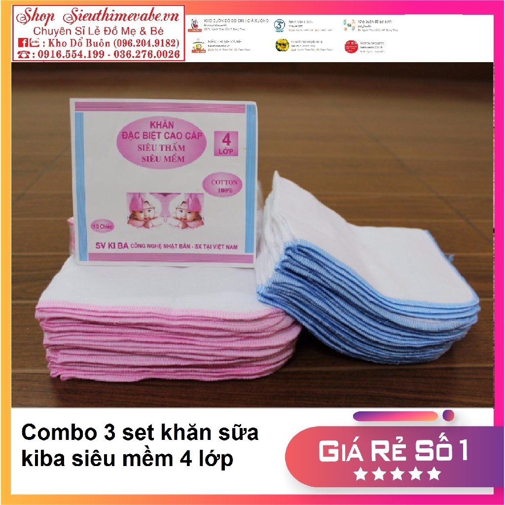 Combo 3 Khăn Sữa KiBa Siêu Mềm 4 lớp ( Sét 10 Chiếc)