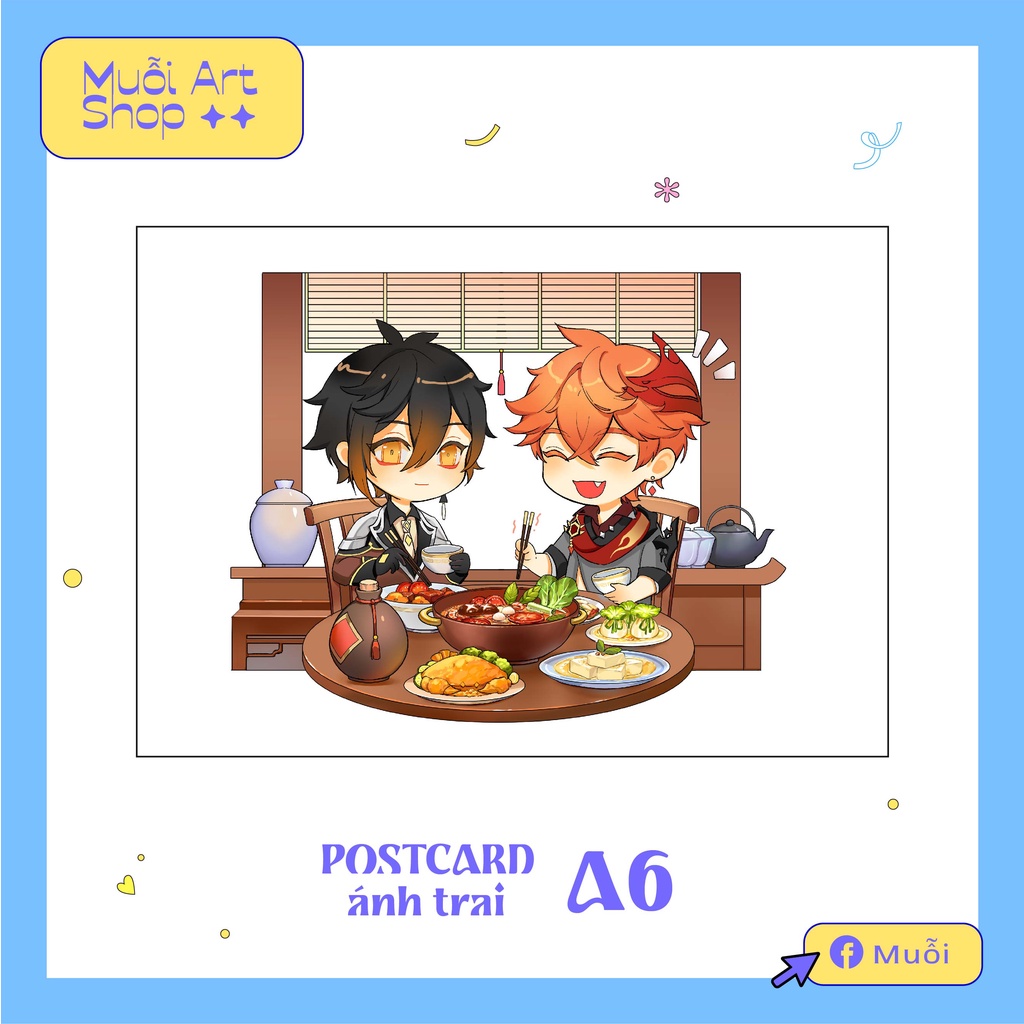 Postcard Genshin Impact Couple nhân vật Childe x Zhongli Hotpot
