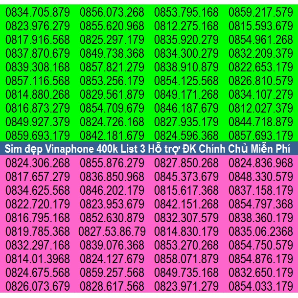 Số Đẹp VINA GIÁ RẺ 400K File 3 Dễ Nhớ Hỗ Trợ ĐĂNG KÝ CHÍNH CHỦ Miễn Phí Có nhiều khuyến mãi gói