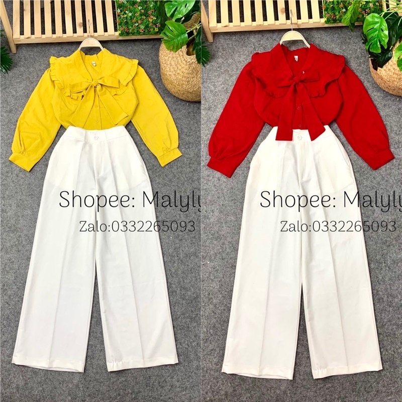 [ MÃ 625 ] ÁO CỔ BÈO CỘT NƠ TAY DÀI + QUẦN SUÔNG ỐNG RỘNG