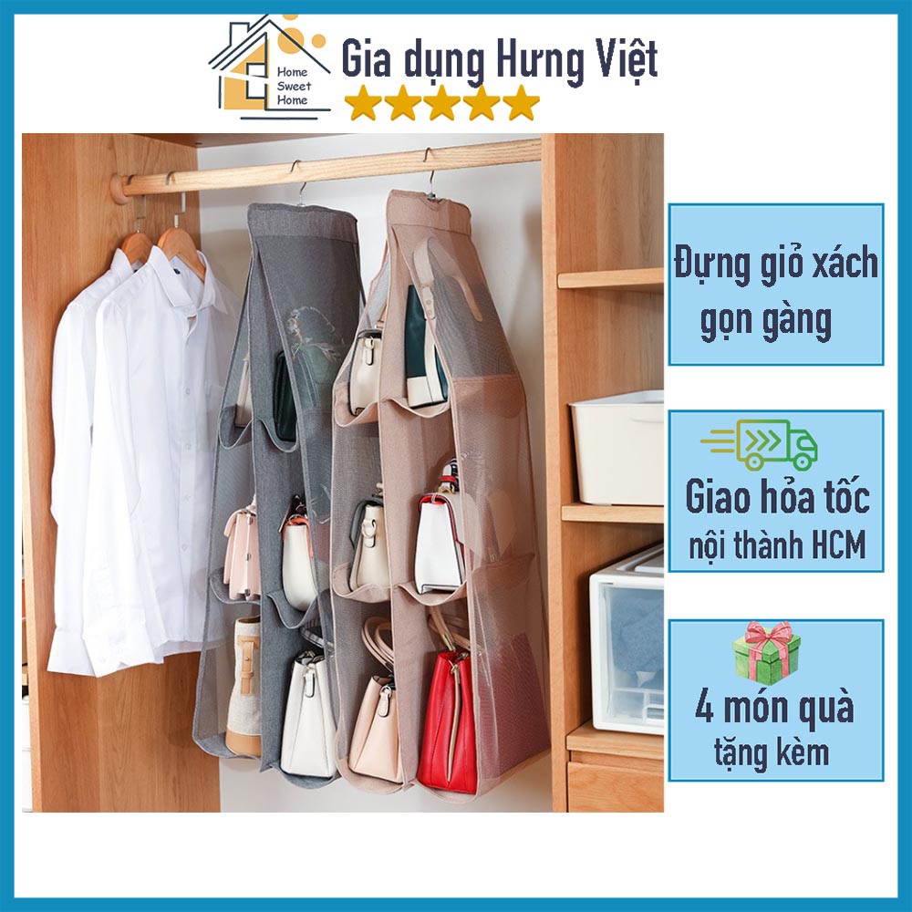 Túi đựng giỏ xách 6 ngăn đa năng treo tường hoặc tủ quần áo, giúp chắn bụi tiện dụng, [TÚI TREO GIỎ]