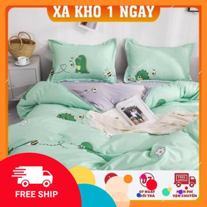 Chăn ga gối cotton poly nhập khẩu mẫu khủng long ăn bơ bộ 4 món Chăn, ga , 2 vỏ gối