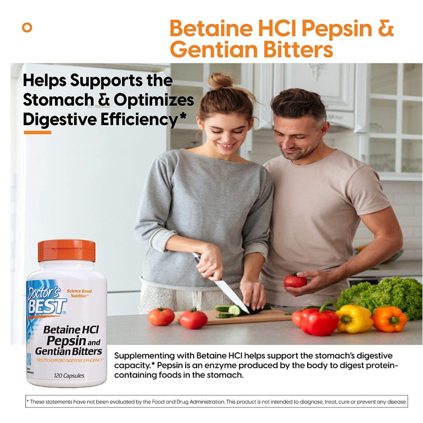 Doctor's Best Betaine HCI Pepsin & Gentian Bitters, Enzyme hỗ trợ tiêu hóa và hấp thụ protein 120V