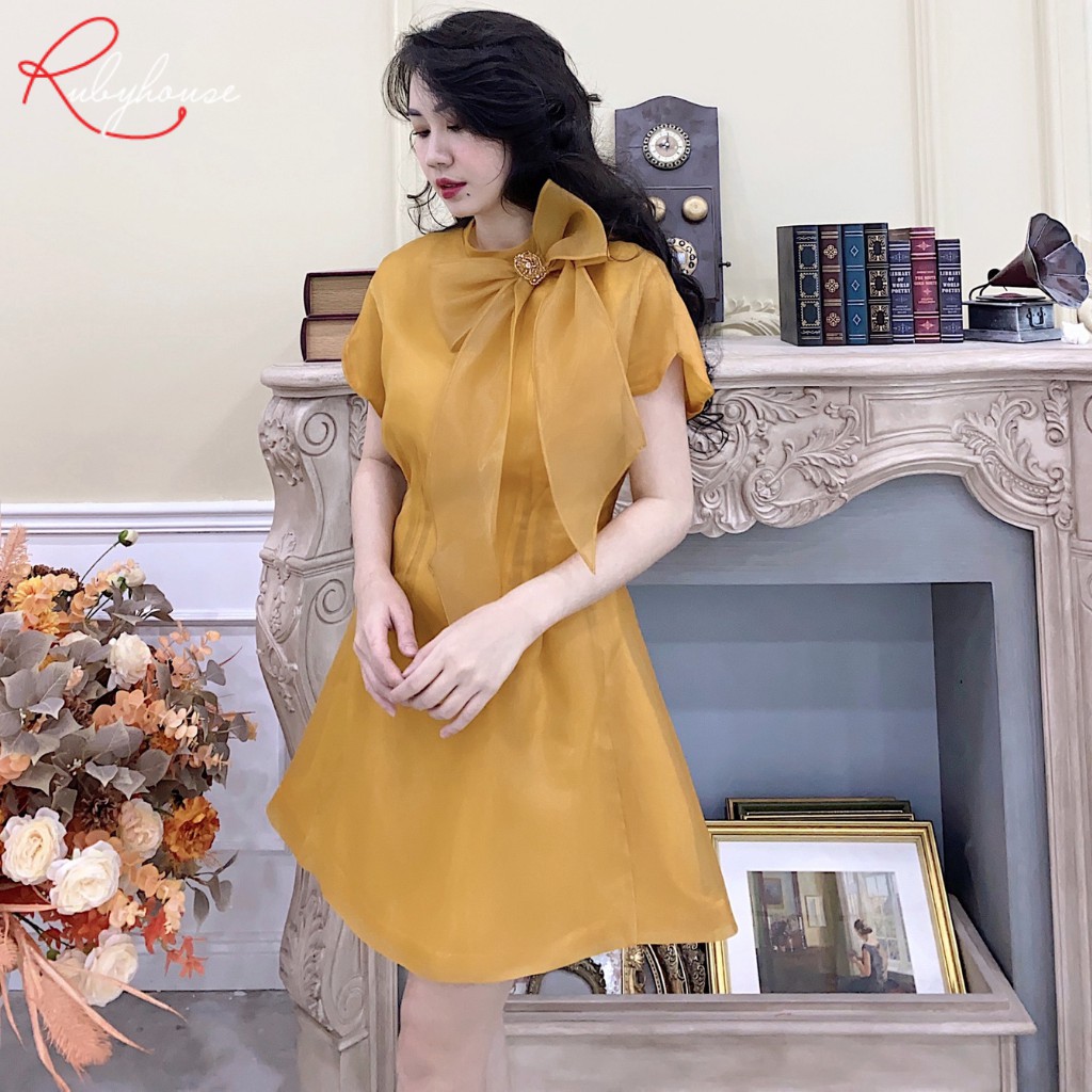 Váy Nữ Tơ Dáng Xòe Xinh Xắn RUBY HOUSE - Váy Chất Organza Cổ Nơ Trắng Đính Cườm, Tay Chờm Che Bắp Tay 2968-1 | BigBuy360 - bigbuy360.vn