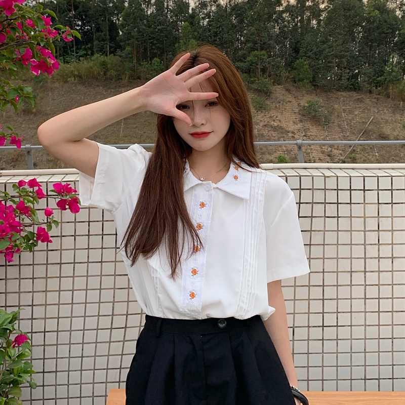 Áo Sơ Mi Ngắn Tay Thêu Hoa Thời Trang Hàn Quốc Cho Nữ