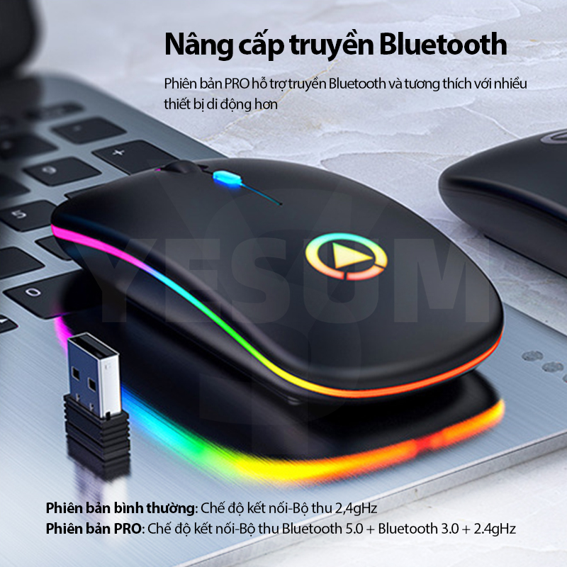 Chuột không dây kết nối Bluetooth có đèn đầy màu sắc không ồn ào dành cho máy tính/laptop A2