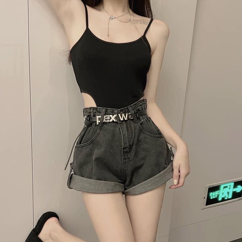 Quần short jean nữ ống rộng lưng cao gấp gấu khuy sườn- sooc bò demin về 2 màu xanh khói phối chun eo hàn quốc