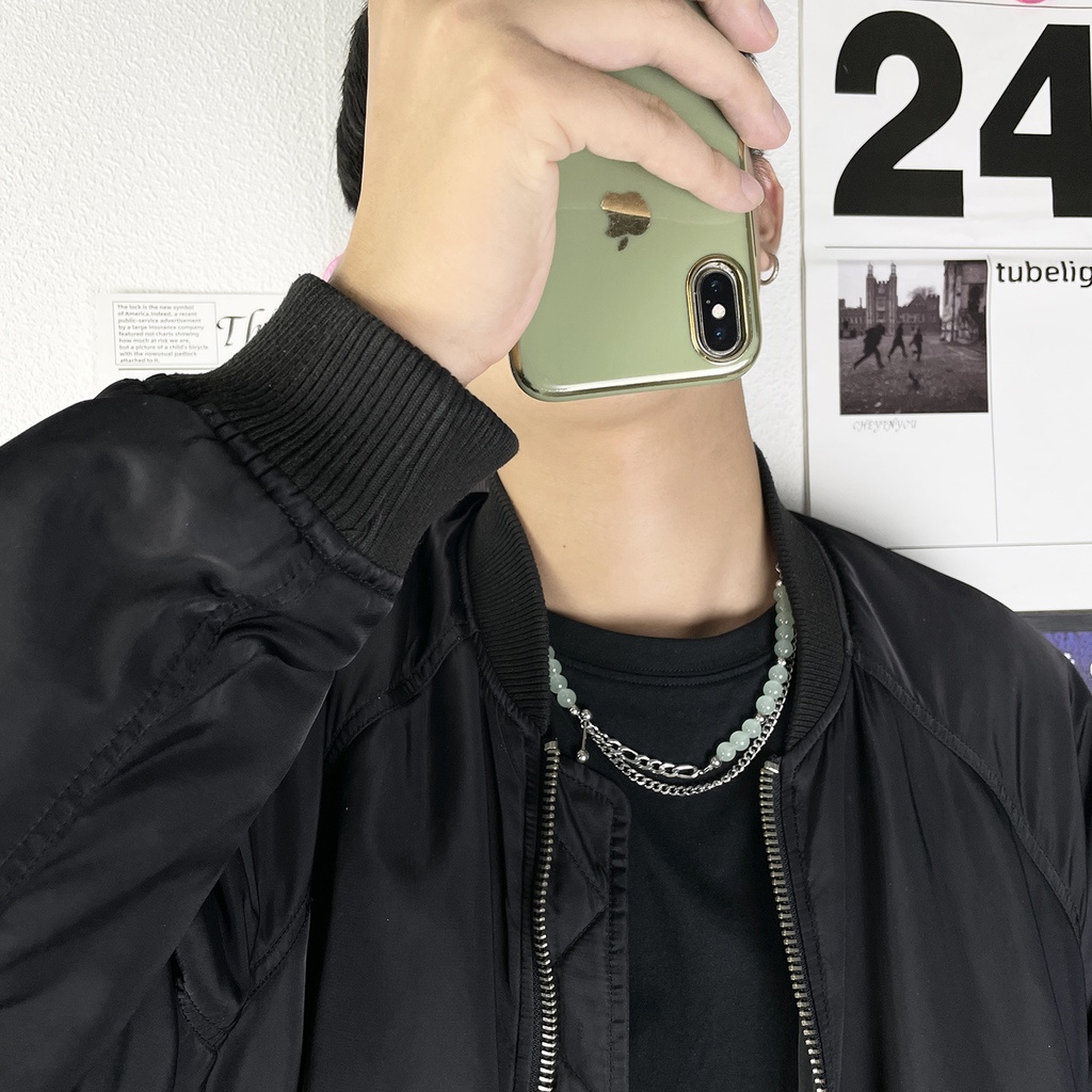 Vòng cổ Nhiều Lớp Bằng Thép Titan Đính Hạt Ngọc Bích Phong Cách retro Cá Tính