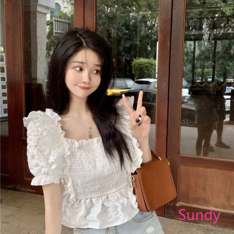 Áo Kiểu Tay Phồng Cổ Vuông Xếp Ly Phong Cách Pháp Thời Trang Hè Cho Nữ