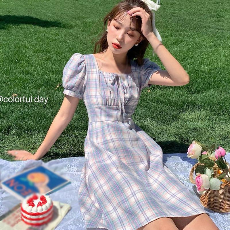 Đầm nữ tay ngắn kẻ sọc phong cách Hàn Quốc