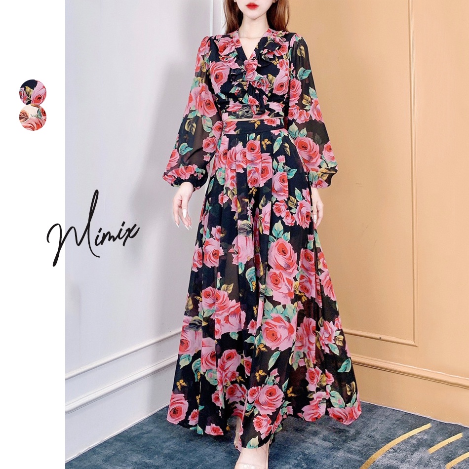 Set hoa hồng áo đắp chéo kèm quần dài xếp ly MIMIX BZ7265