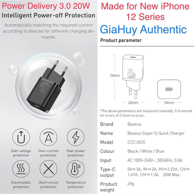 Củ sạc nhanh iPhone 12, iPad Pro, S10, Note 10 BASEUS CCCJGCE SUPER SI Power Delivery 3.0 20W (tương thích QC 3.0)