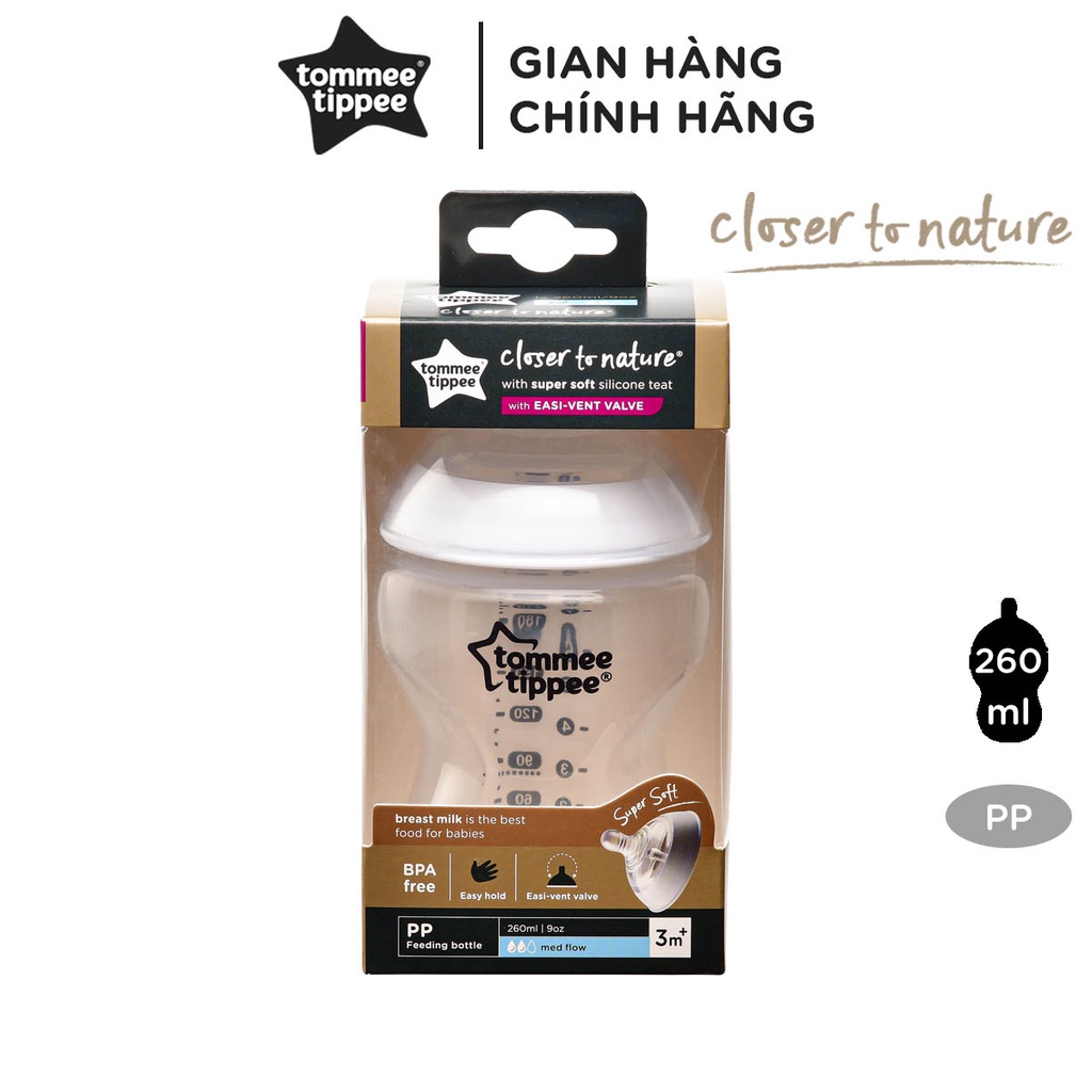 Bình sữa ty siêu mềm tự nhiên Tommee Tippee Closer to Nature 260ml, núm ty đi kèm 3-6 tháng