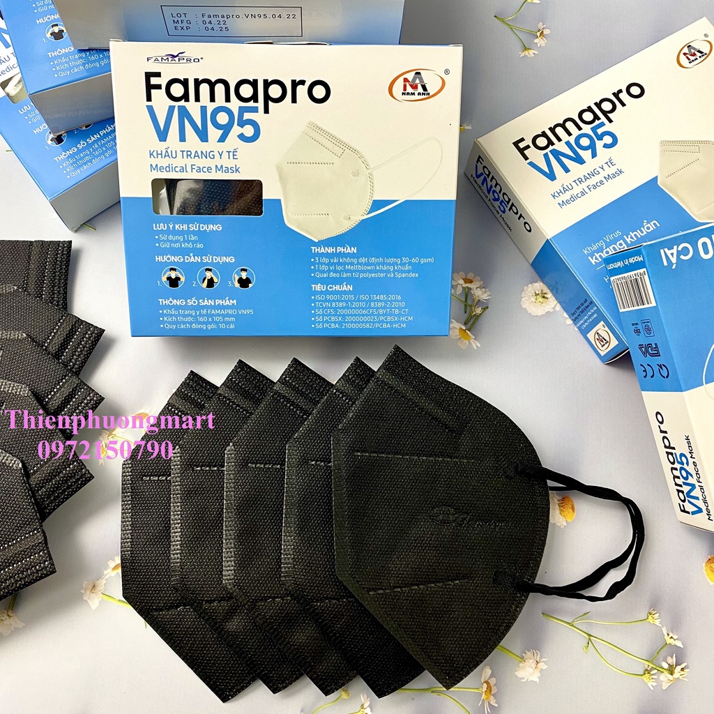 Khẩu trang VN95 FAMAPRO Nam Anh 10 cái/ hộp kháng khuẩn 8 màu Trắng / Xám / Đen / Xanh / Rêu / Hồng / Vàng Nhạt
